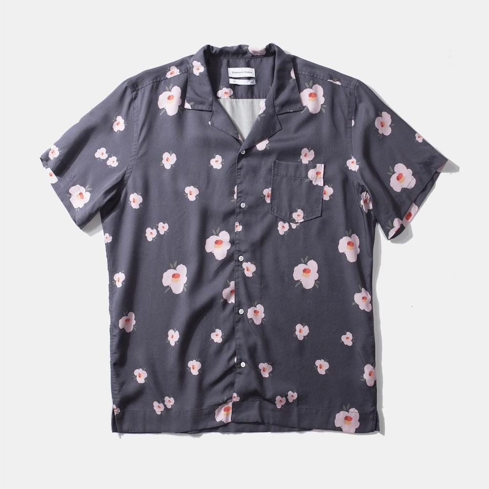Edmmond Studios Orchid Floral Short Sleeve Camp Collar Button Shirt Navy Size XL
